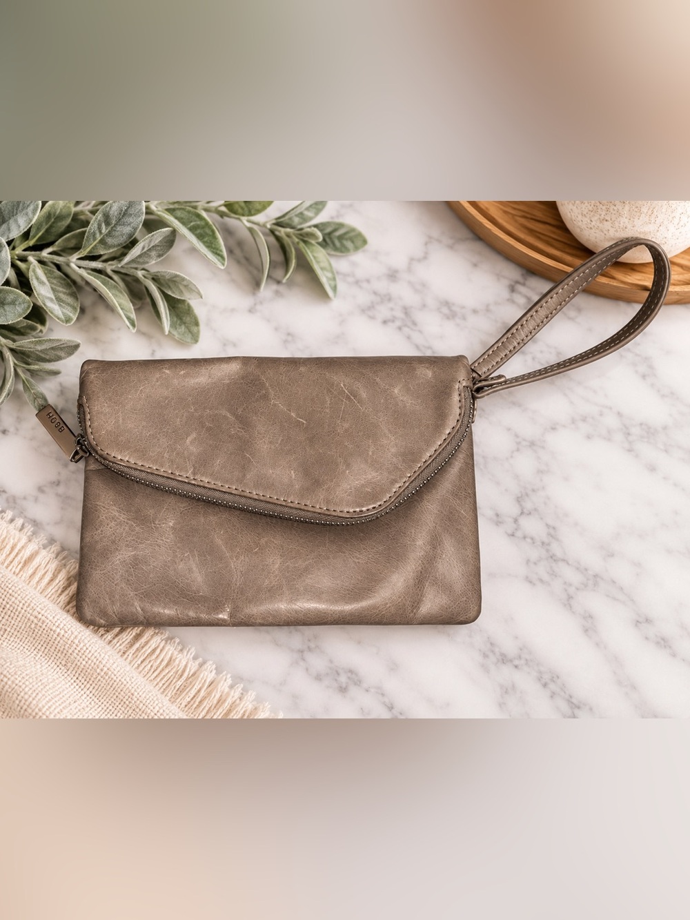 HOBO Taupe Leather Wristlet Crossbody | Convertible Chain Strap